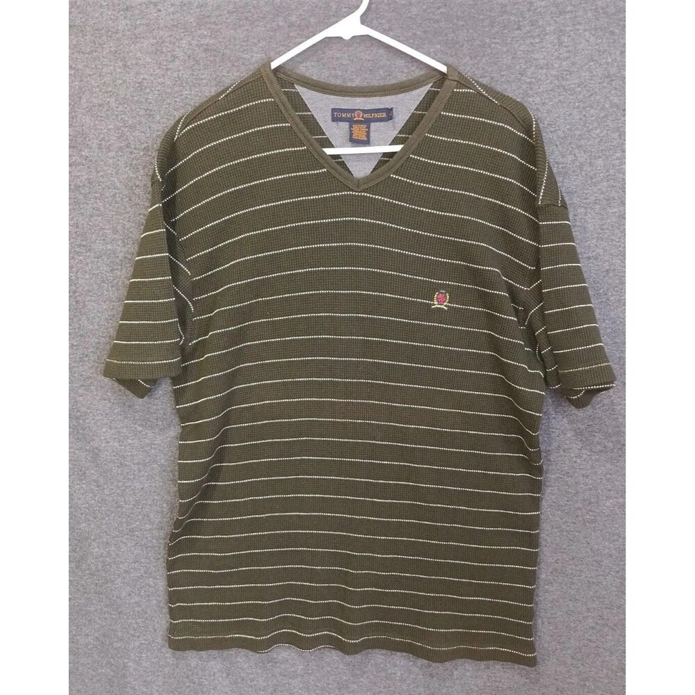 Tommy Hilfiger Green White Striped Waffle Knit Short Sleeve V-Neck Shirt Large